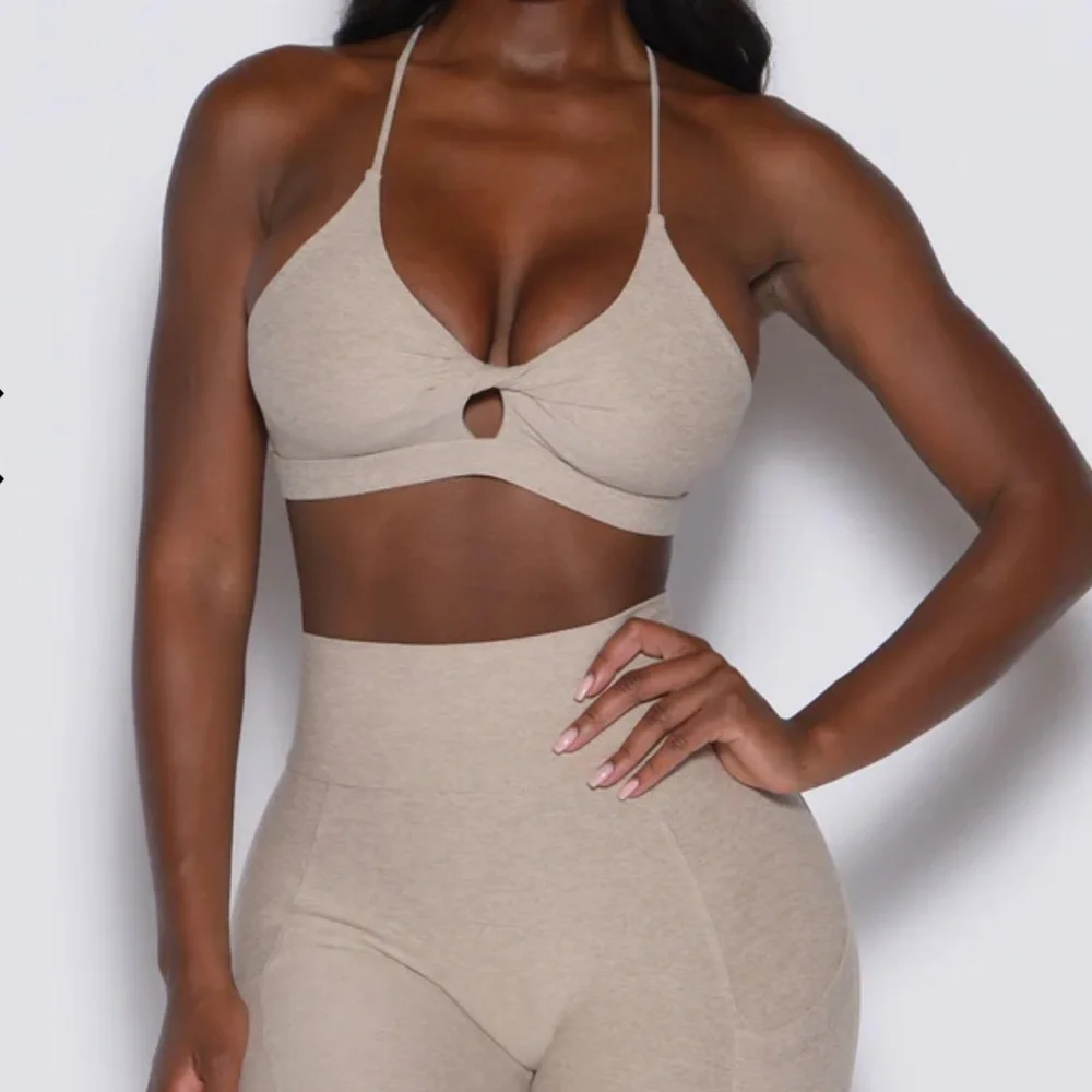 Bombshell Sportswear Beige Twist Front Keyhole Sports Bra - Picture 3 of 7